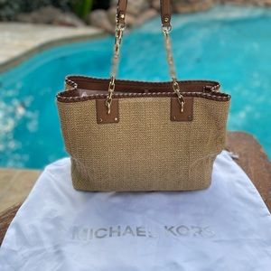 Michael Kors “Rosalie” Leather Trim and Raffia  East-West Tote Bag/Crossbody
